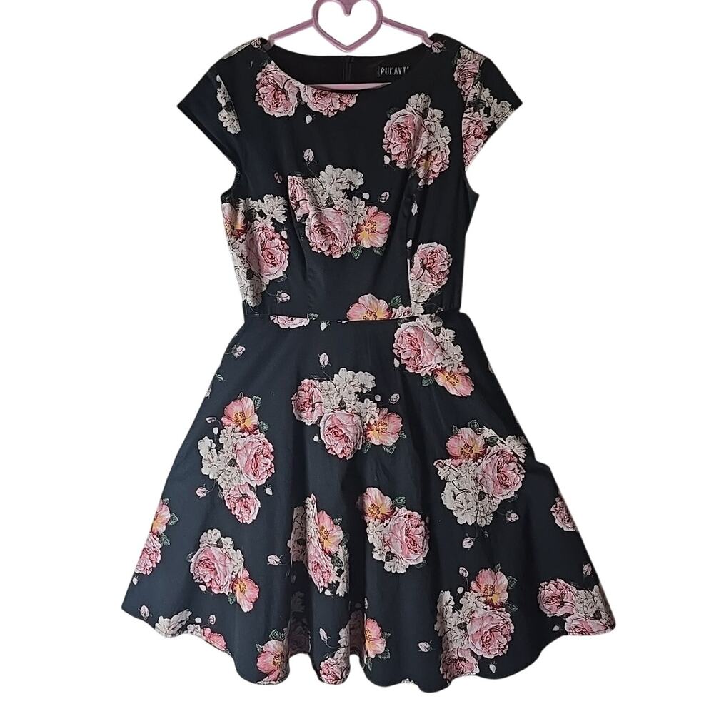 PUKAVT Cap Sleeve Swing A-line Dress Girls Large Black Floral Midi